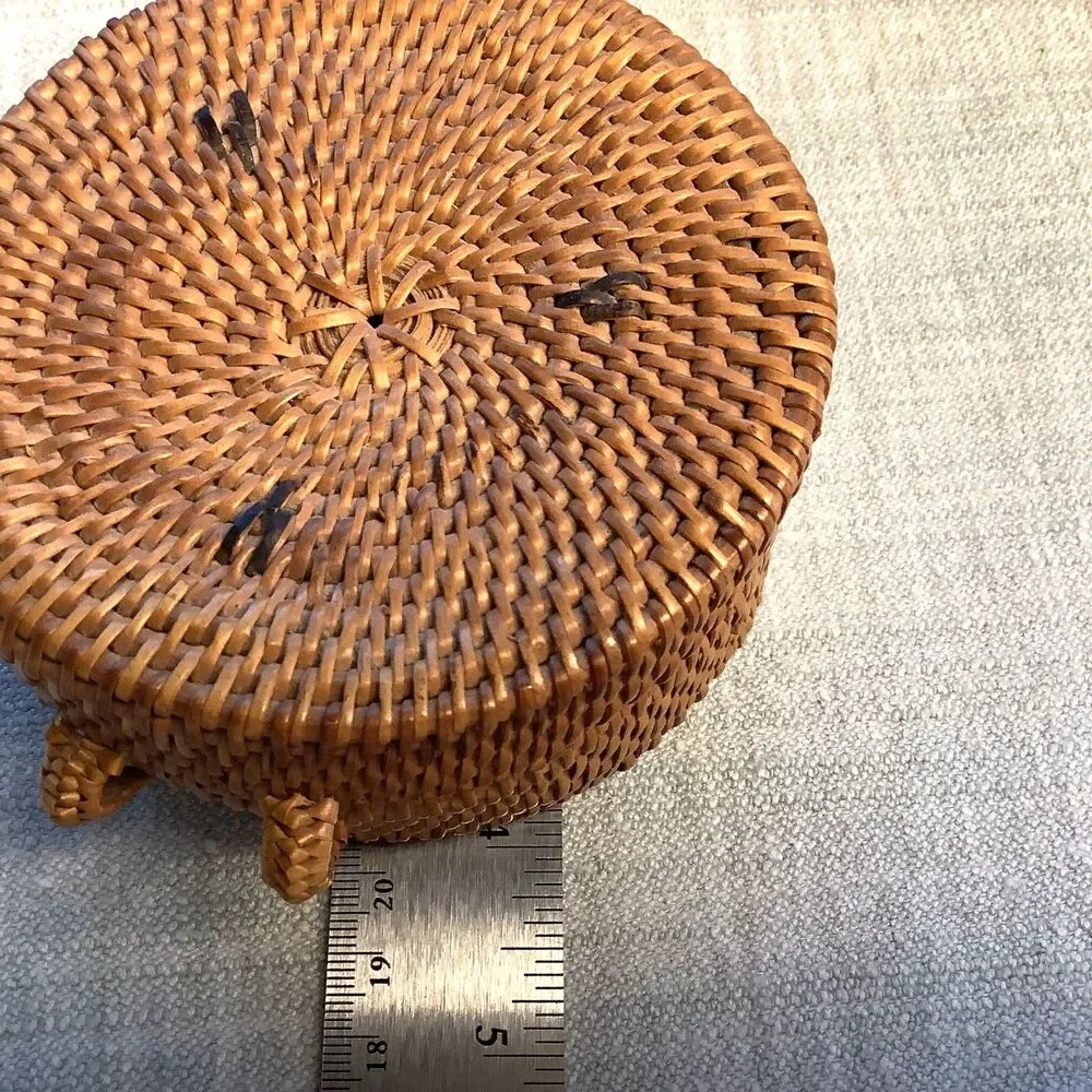 Vintage Bali Basket Round Handwoven Ata Rattan Trinket Box Jewelry with Lid